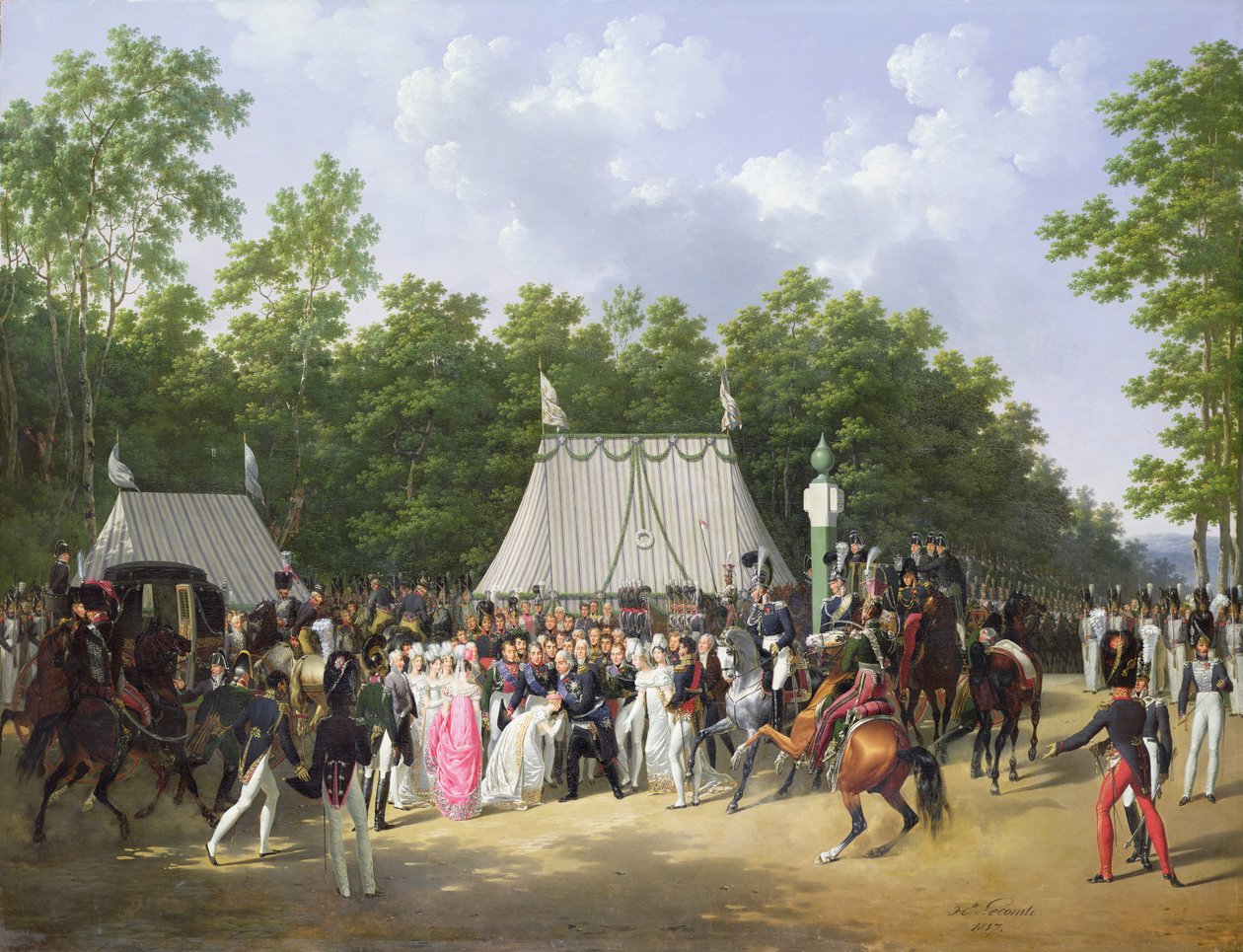 ルイ18世（1755-1824）1816年6月15日、フォンテーヌブローの森のクロワ・ド・サン＝テルムで、シチリア王女のマリー=カロリン=フェルディナンド・ド・ブルボンに挨拶 作： ヒポリットルコント