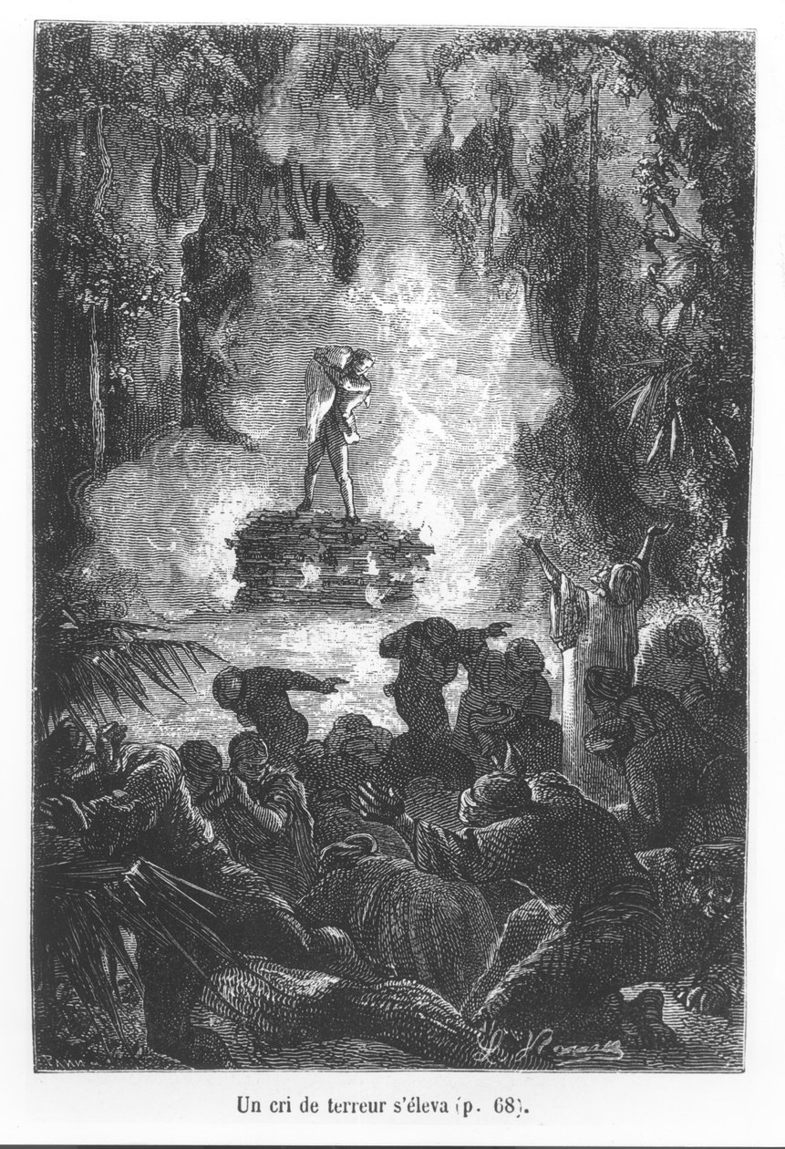 恐怖の叫びが上った、「80日間の世界一周」からのイラスト、ジュール・ヴェルヌ（1828-1905）1873 作： ヒポリットレオンベネット