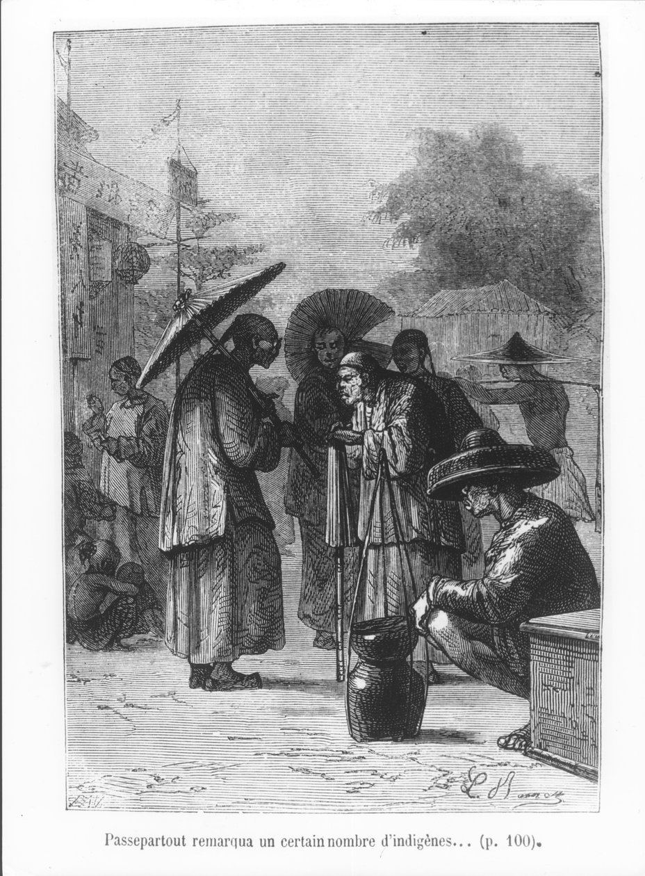 パスパルトゥーは多数の先住民に気づき、ジュールヴェルヌ（1828-1905）による「エイティフルワールドインエイトデイズインエイティデイズ」のイラストを1873年にパンによって彫刻 作： ヒポリットレオンベネット