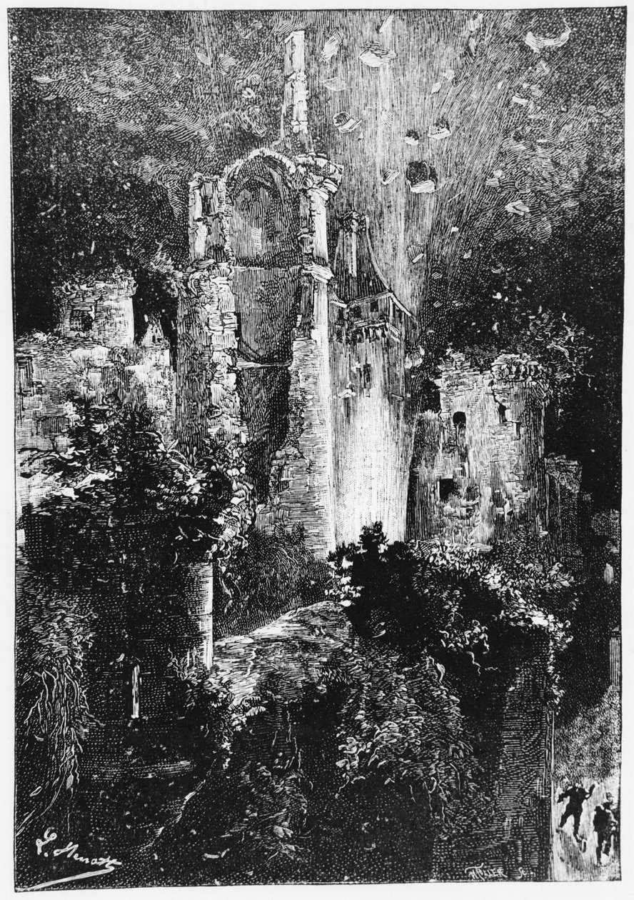 城の爆発、ジュールヴェルヌによる「ルシャトーデカルパテス」のイラスト（1828〜1905年）パリ、ヘッツェル、1892 作： ヒポリットレオンベネット