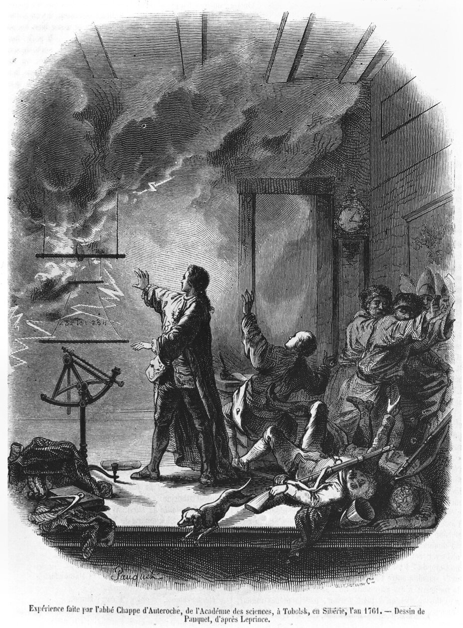 Jean Chappe dAuteroche（1722-69）1761年の電気の実験、シベリア、トボリスク、ルマガシンピトレスク、1855年のイラスト（bw写真） 作： ヒッポリテ・ルイ・ポーケ