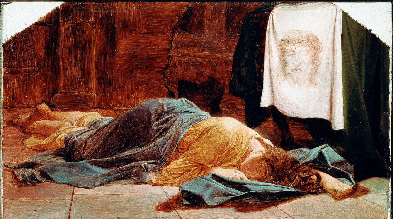 Saint Veronica 若い女性が聖なるシュラウドの近くで気絶している。聖なるヴェールは、ヴェロニクがカルヴァリーへの登攀中に汗をかいたとされるキリストの顔を表しています。ポール・ドラロッシュ（1797-1856）の絵画 19世紀 日28x49 cm パ 作： ポール・ドラローシュ