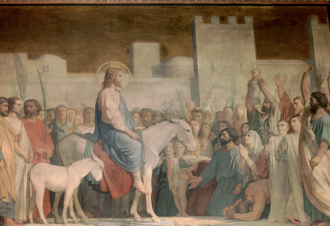 Christi Einzug in Jerusalem am Palmsonntag: die Bewohner begrüßen ihn freudig, indem sie ihre Kleider auf den Boden legen und Olivenzweige schwenken. Detail eines Freskos von Hypolithe Flandrin (1809-1864) 19. Jahrhundert Kirche Saint Germain des Pres, Par von Hippolyte Flandrin