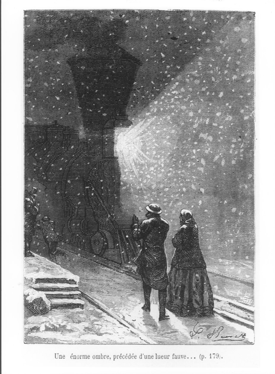 明るい光が先行する巨大な影、ジュールヴェルヌ（1828〜1905年）による「Around the World in Eighty Days」のイラスト、パン、1873年 作： ヒポリットレオンベネット