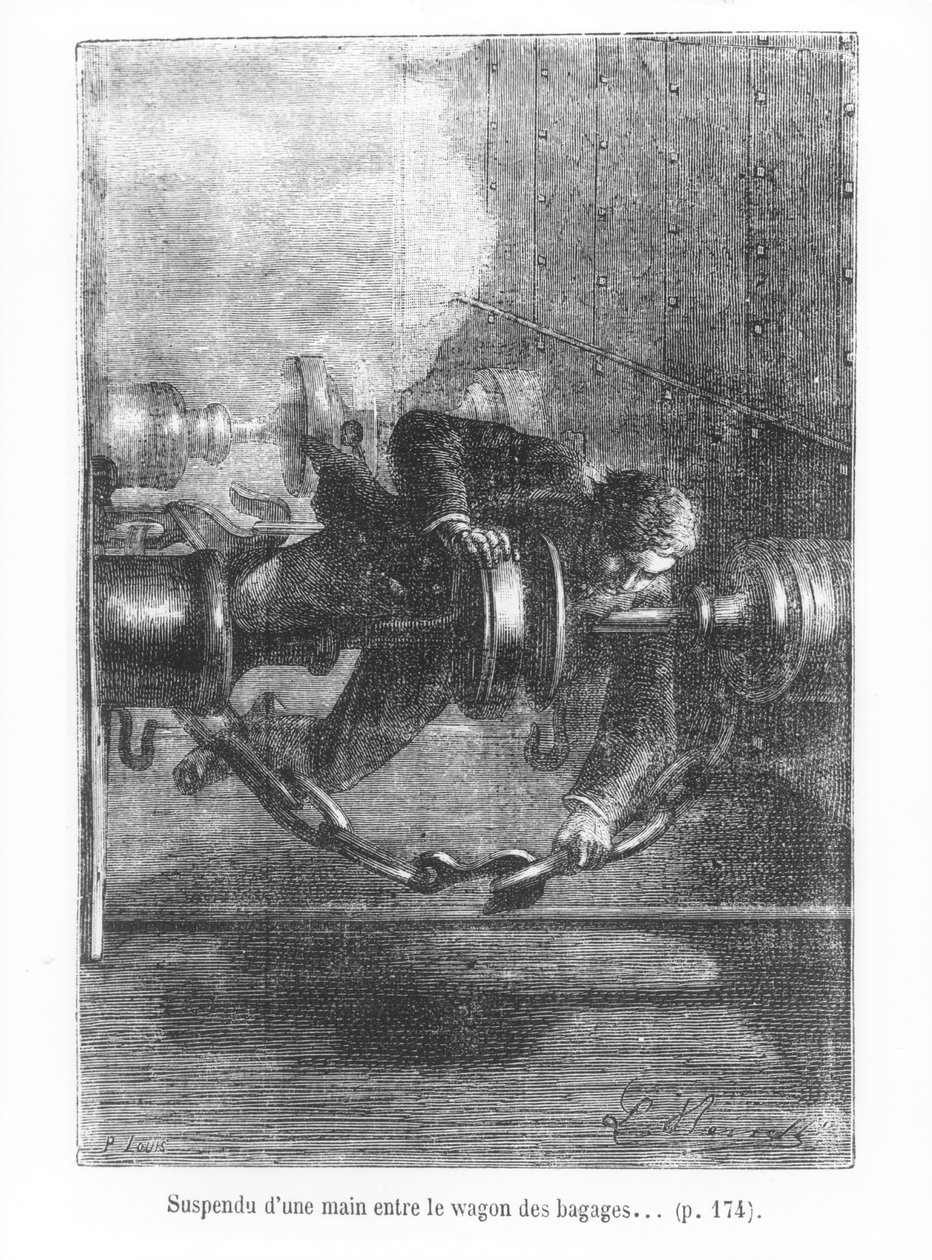手荷物車の間に片手でぶら下がる、ジュールヴェルヌ（1828〜1905）による「80日間の世界一周」のイラスト、P。ルイ作、1873年 作： ヒポリットレオンベネット