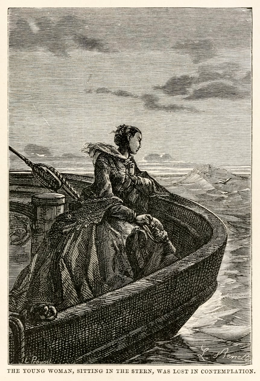 船尾に座っていた若い女性は熟考の中で失われました、ジュールヴェルヌ（1828-1905）著 『Around the World in Eighty Days』、ジャンルイプレヴォスト（1790-1850）、1873年 作： ベネット後のヒポリットレオン