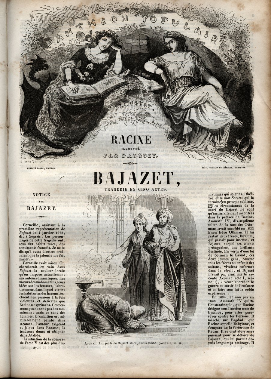 ジャン・ラシーヌの「三幕の悲劇」（Bajazet tragedie en cinq actes de Jean Racine） ポーケが挿絵を描き、エミール・ド・ラ・ベドリエールが告知した「ジャン・ラシーヌの作品集」の中の版画 - 1851年 作： ヒッポリテ・ルイ・ポーケ
