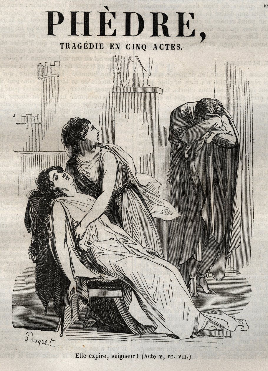 ジャン・ラシーヌの「Phedre」（1639-1699年、ポーケが絵を描き、エミール・ド・ラ・ベドリエールが告知した「ジャン・ラシーヌ作品集」に掲載された版画） - 1851年 作： ヒッポリテ・ルイ・ポーケ