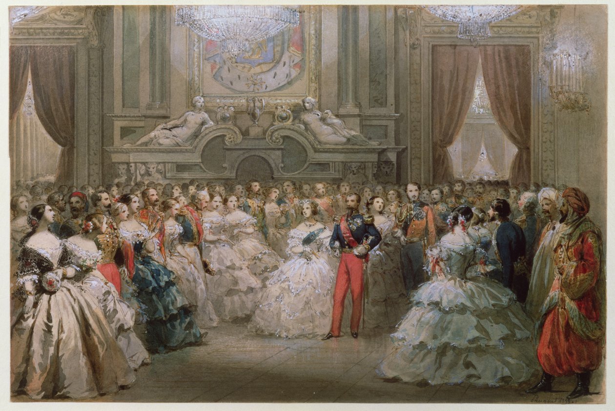 ビクトリア女王（1819-1901）とアルベール王子（1819-61）がナポレオン3世とユージニーによって与えられたガラディナーで、1853年（紙にトイレ） 作： ヒッポリテ・ルイ・ポーケ