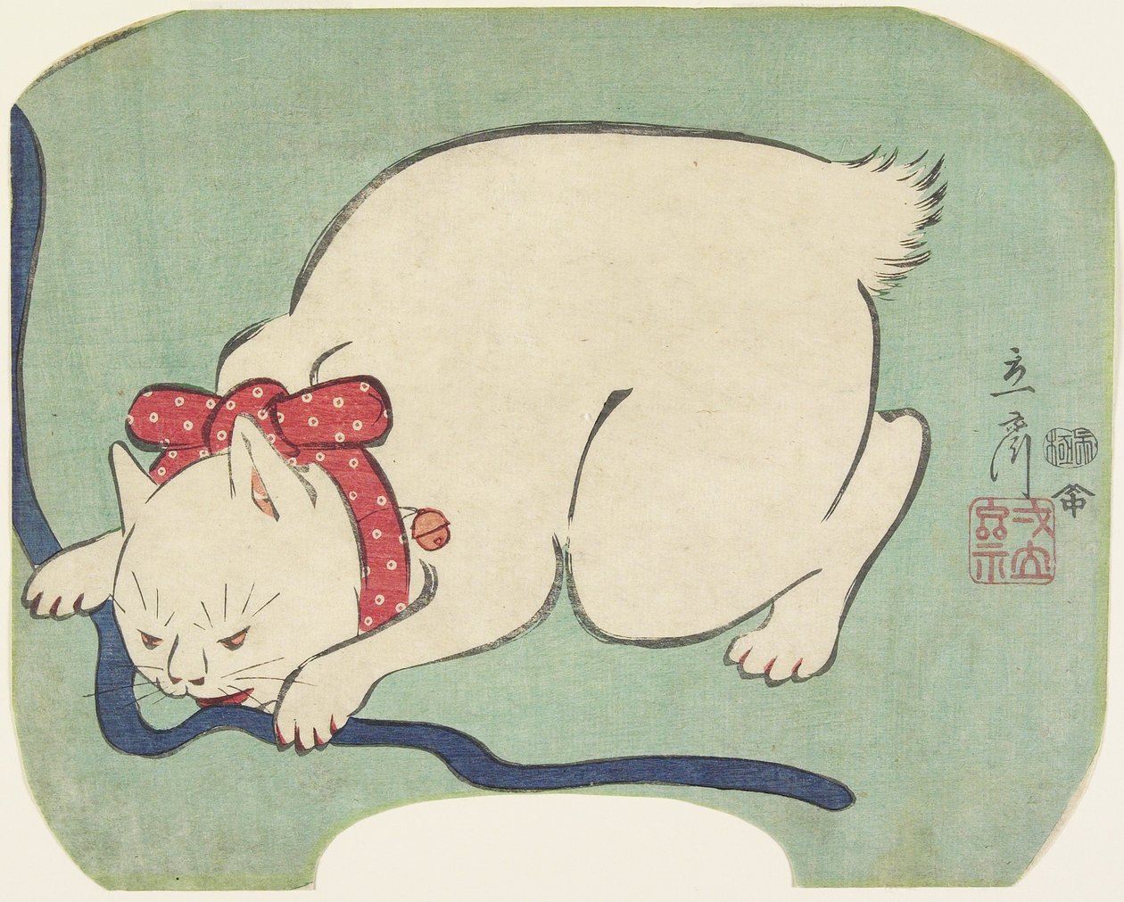 ひもで遊ぶ白猫、1863 作： 二代広重