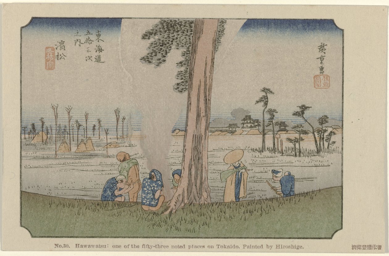 Hamamatsu No. 30. Hawawatsu: one of the fifty-three noted places on Tokaido, painted by Hiroshige De Tôkaidô van Hiroshige (series title) Hiroshige no fude Tôkaidô (series title on object) 作： 歌川広重（初代）