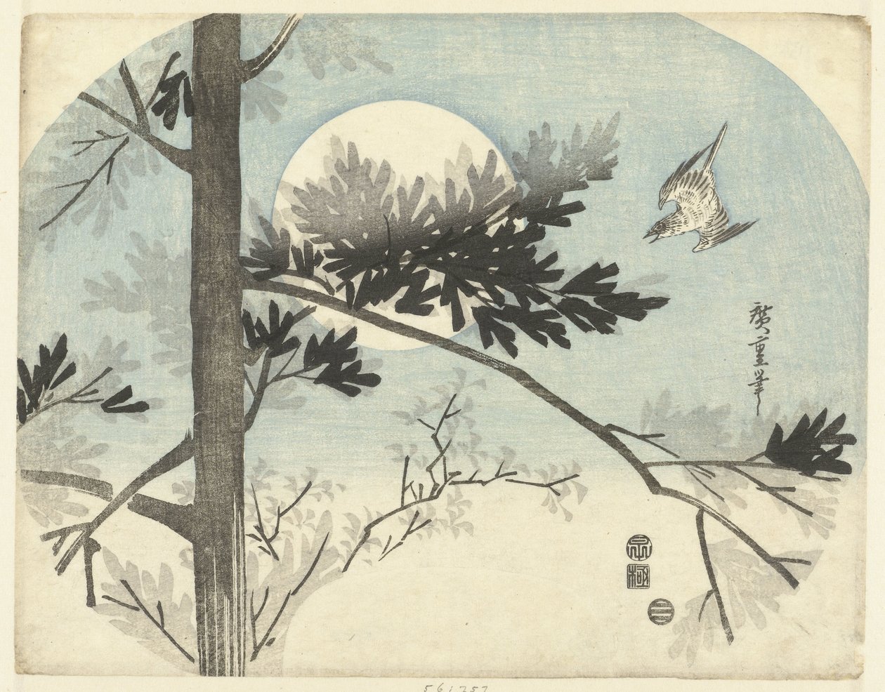 カッコウと松 作： 歌川広重（初代）