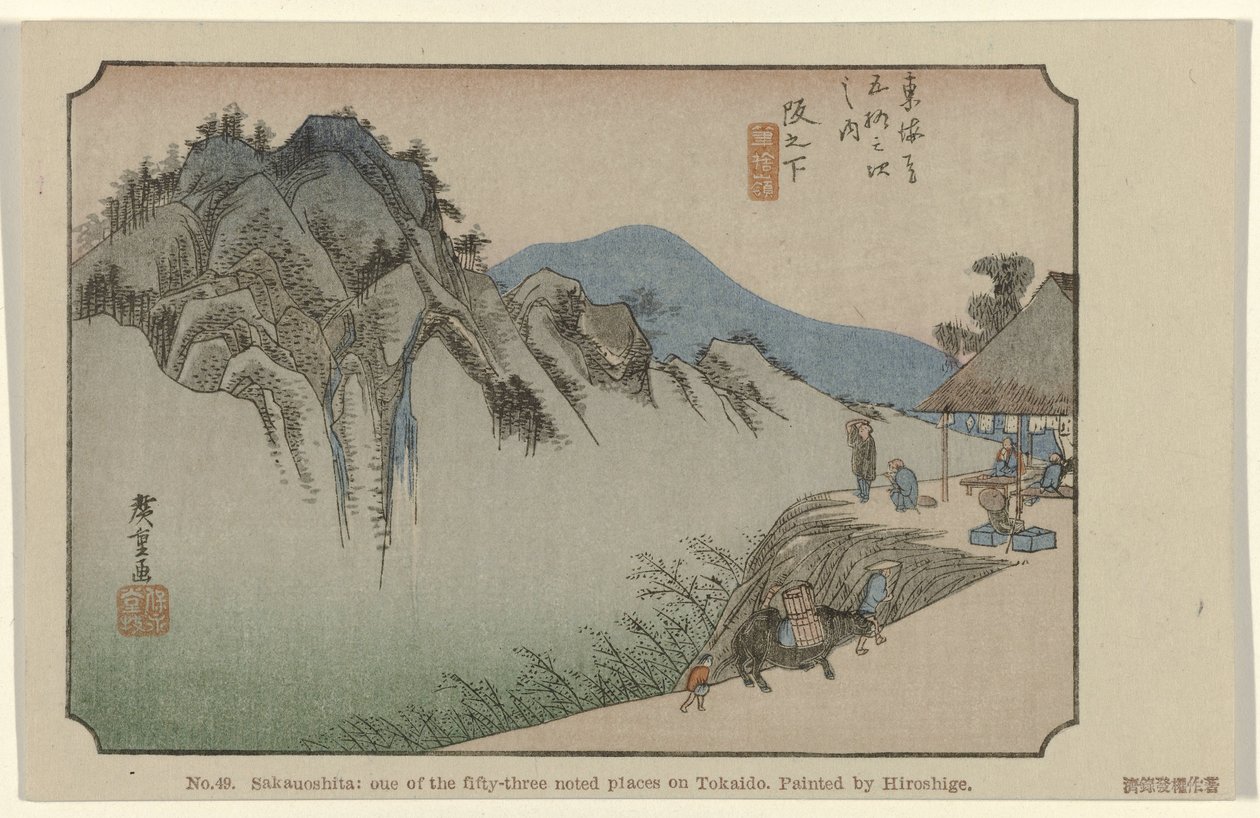Saka no shita No. 49. Saka no shita: one of the fifty-three noted places on Tokaido, painted by Hiroshige (title on object) De Tôkaidô van Hiroshige (series title) Hiroshige no fude Tôkaidô (series title on object) 作： 歌川広重（初代）