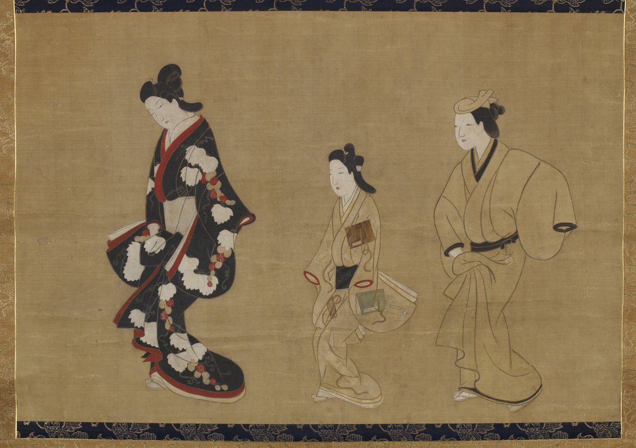 売春婦、かむろとわかしゅう、1695年頃（絹に墨と色） 作： 菱川諸信