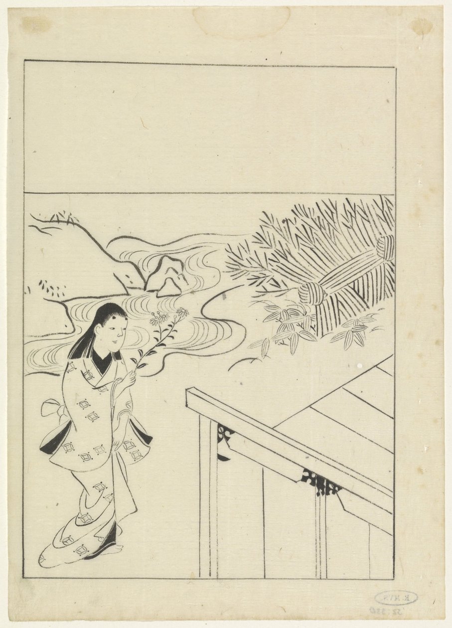 花の枝を手にした女性のいる風景 作： 菱川師宣