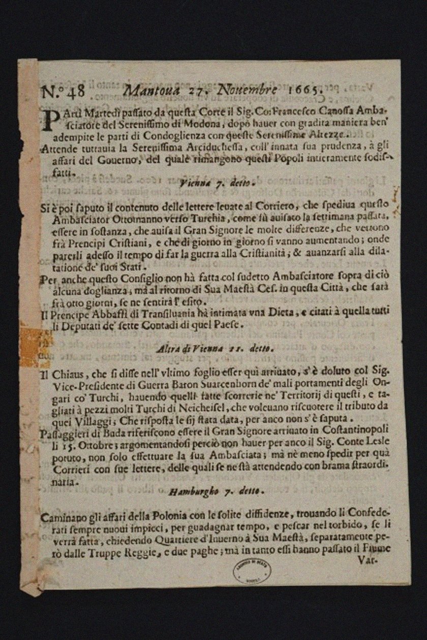 ガゼッタ ディ マントヴァ - イタリア最古の新聞、1665 年 作： 歴史的オブジェクト