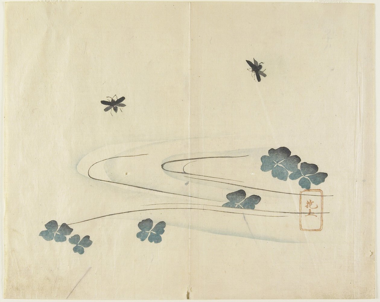 （水上を飛ぶ昆虫）、c。 1830 作： 奉行