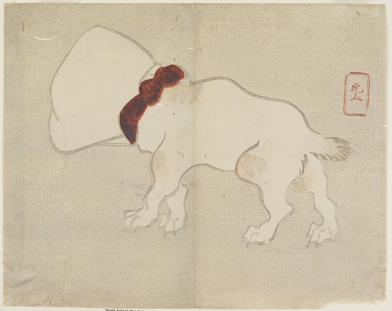 （頭の上にバッグがある犬）、c。 1830 作： 奉行