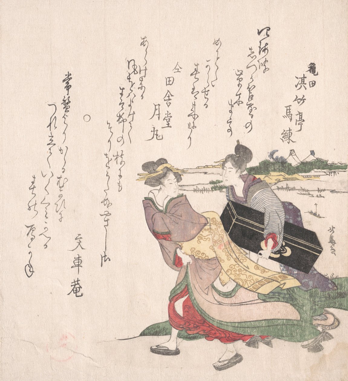 三味線箱を持った女中と急いでいる芸者の女の子。 作： 蹄斎北馬