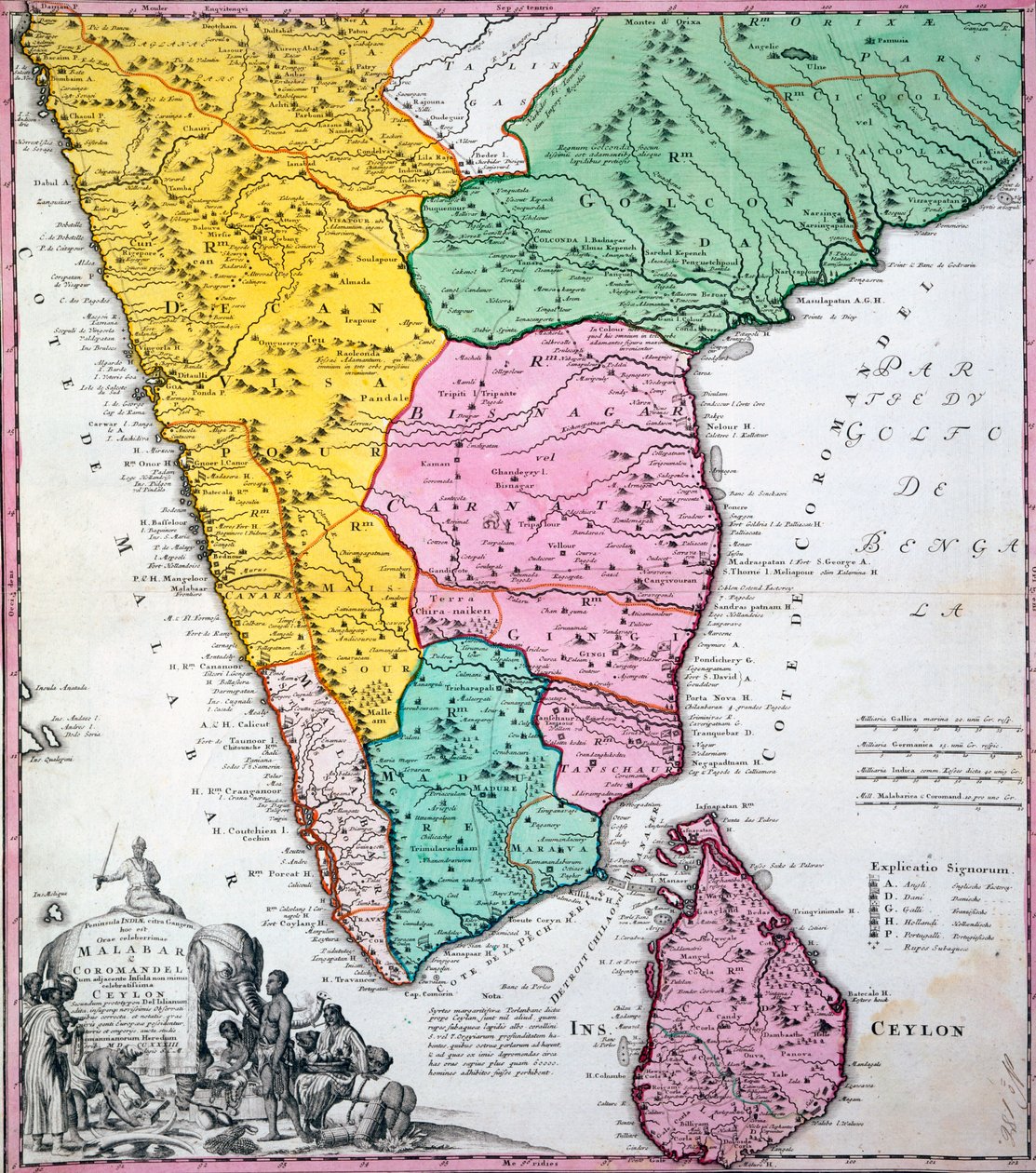 インディアン半島の地図、1733年（手描きの彫刻） 作： ホーマン相続会社