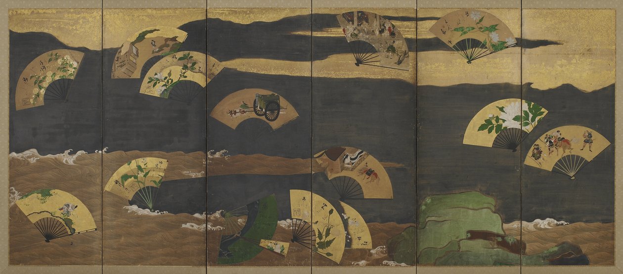 岩と水の上の扇と雲、江戸時代（インク、色、紙に金と銀） 作： 本阿弥光etsu