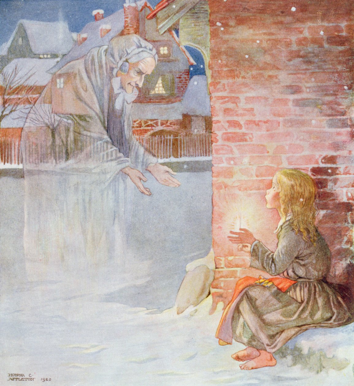 ハンス・クリスチャン・アンデルセン（1805-75）による「おとぎ話」の版の「マッチ売りの少女」（1920年）（紙に水彩） 作： オナー・シャーロット・アップルトン