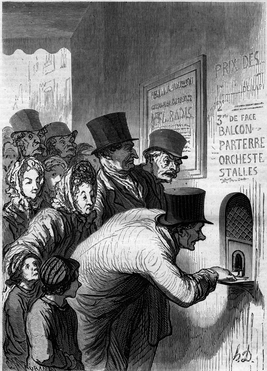 劇場の窓。オノレ・ドーミエ（1808-1879）の漫画。1862年6月7日付「Le Monde Illustré」269号に掲載された版画。 作： オノレ・ドーミエ