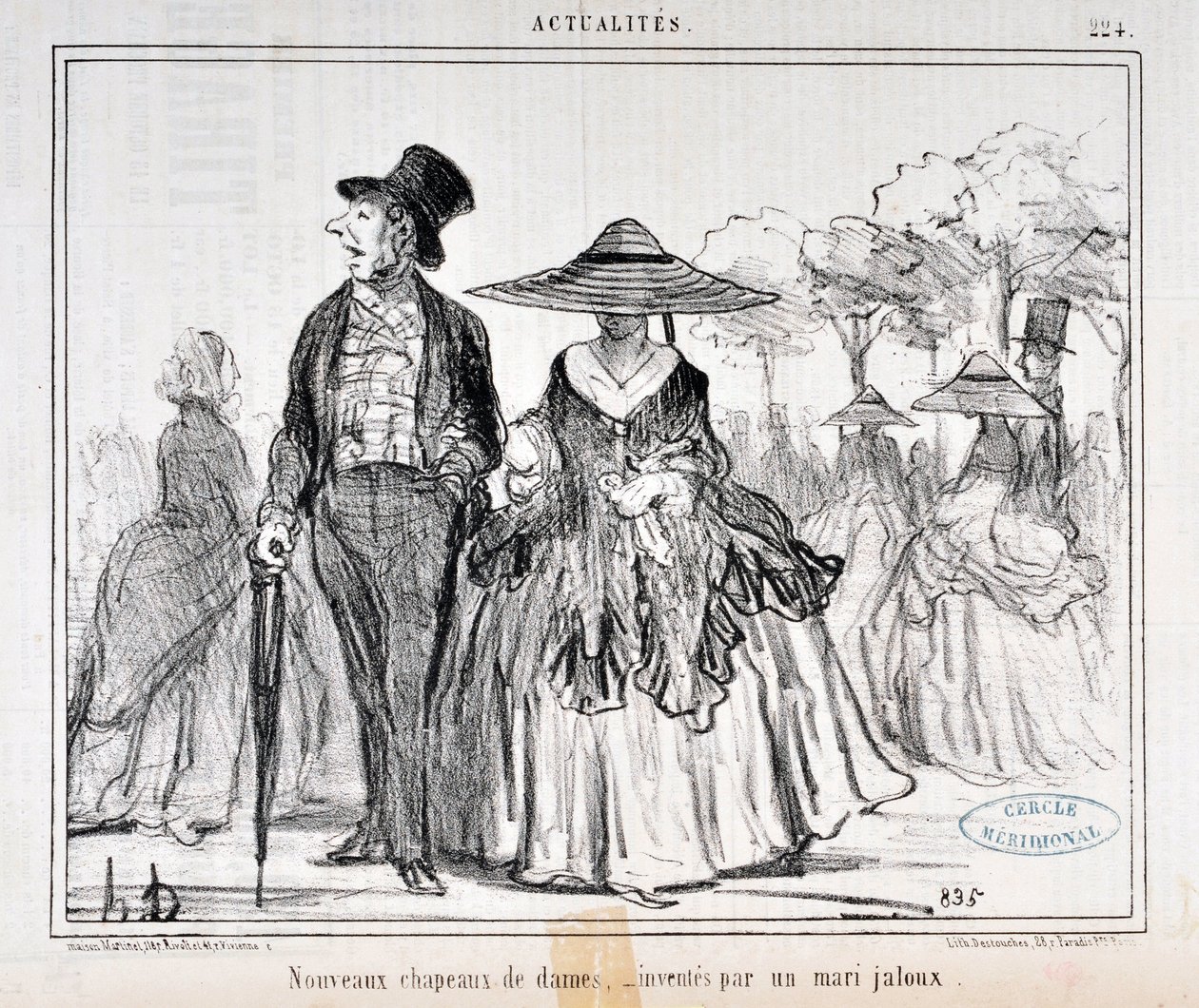 オノレ・ドーミエ（1808-1879）の芸術作品 1855年のシャリヴァリ紙の日付：Serie Actualites 「Nouvelles hats de dames, inventes par un mari jaloux」MusEE DES BEAUX ARTS - PALAIS LONGCHAMP, MARSEILLE 作： オノレ・ドーミエ