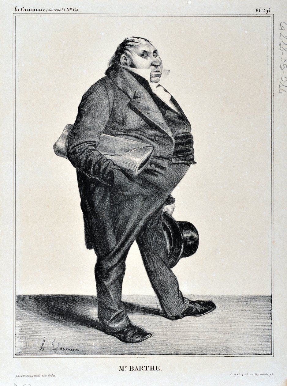 オノレ・ドーミエ（1808-1879）のアートワーク。Charivari dates from 1833: Serie Celebrites de la Caricature "M.Barthe" MUSEE DES BEAUX ARTS - PALAIS LONGCHAMP, MARSEILLE 作： オノレ・ドーミエ
