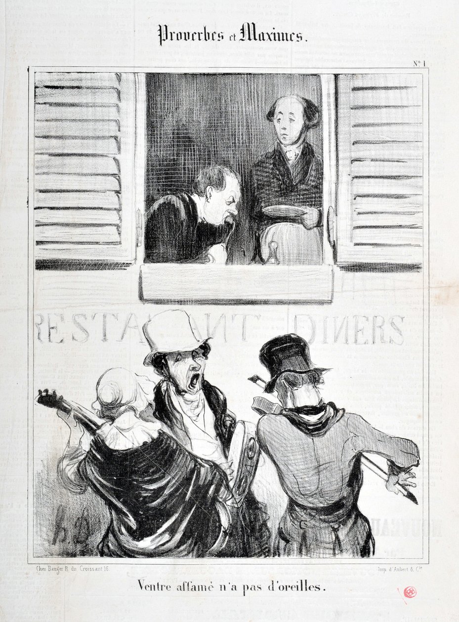 オノレ・ドーミエ（1808-1879）の作品。Charivariは1840年の作品。PROVERBES ET MAXIMES「腹の飢えには耳がない」MUSEE DES BEAUX ARTS - PALAIS LONGCHAMP, MARSEILLE 作： オノレ・ドーミエ