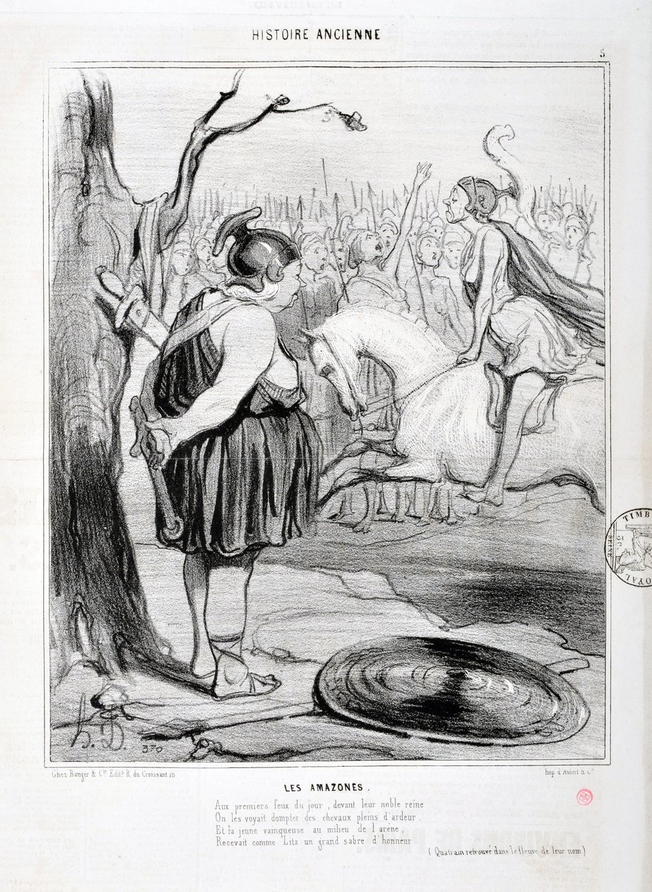 オノレ・ドーミエ（1808-1879）の芸術作品 Charivari は1842年の作品。セリーHISTORIE ANCIE Les Amazones。"その日の最初の火事で、彼らの高貴な女王の前で、彼らは情熱に満ちた馬を手なずけるのを見た。闘技場の真ん中で若き勝者が受けたのは 作： オノレ・ドーミエ
