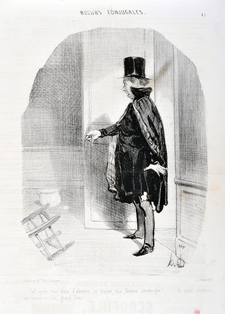 オノレ・ドーミエ（1808-1879）の作品。Charivari」は1842年の作品。3ヶ月の不在の後の天国で、私は私の妻が死んでいるのを発見し、私は彼女の偉大な神を洗うどのような思い出！」。「マルセイユのロンシャン宮殿の美術館 作： オノレ・ドーミエ
