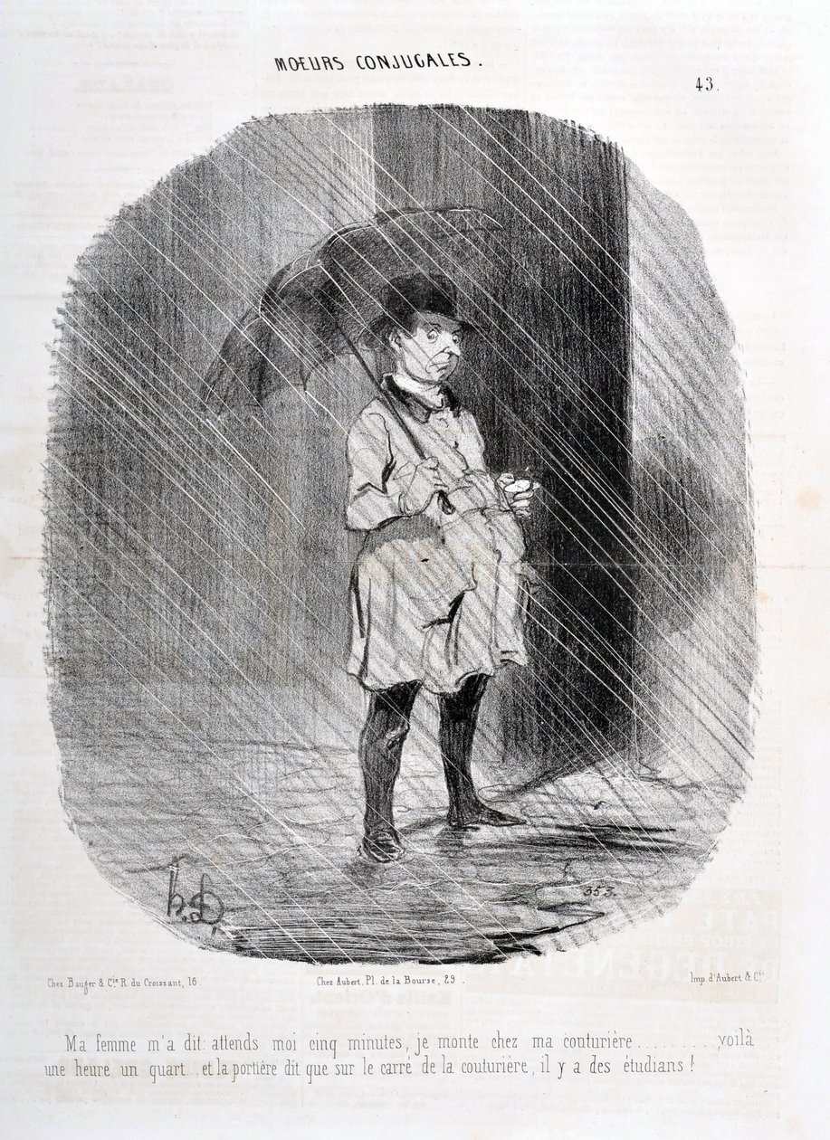オノレ・ドーミエ（1808-1879）の作品。Charivari」は1842年の作品。Serie MORES CONJUALES 「妻に5分待ってくれと言われたので、1時間15分前にクチュリエに行ってみると、ドアにはクチュリエの広場には学生がいると書いてあった。" 作： オノレ・ドーミエ