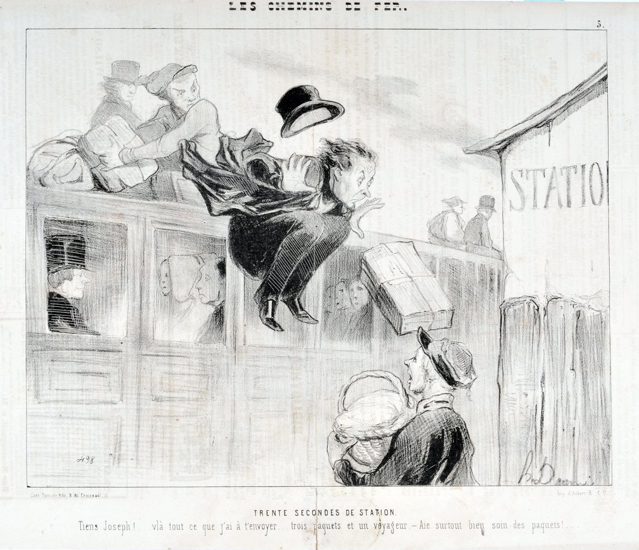 オノレ・ドーミエ（1808-1879）の作品。Charivariは1843年の作品。Serie LES Chemins de fer 30 seconds of station "-Tiens Joseph! vla everything I have to send you... three packages and a traveler - Above particularly care of the packages" MUSEE DES BEAUX ART 作： オノレ・ドーミエ