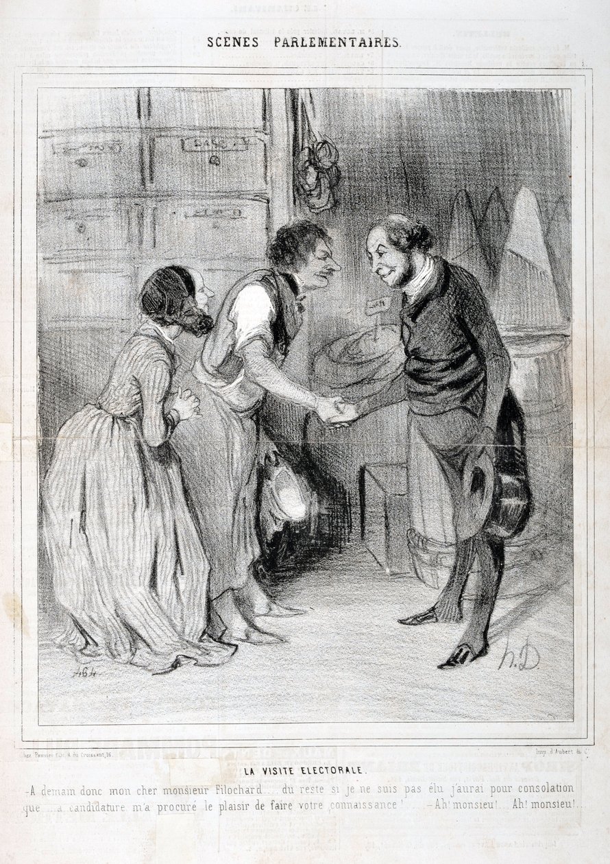 オノレ・ドーミエ（1808-1879）の作品。シャリヴァリ」は1843年の作品。セリーSCENES PARLIAMENTARY。選挙の訪問。マルセイユ、ロンシャン宮殿の美術館 作： オノレ・ドーミエ