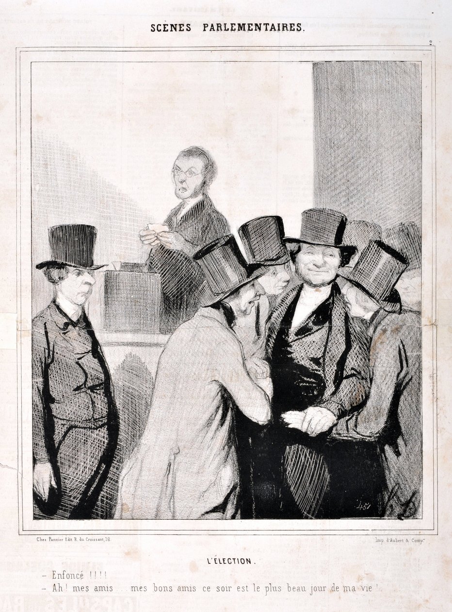 オノレ・ドーミエ（1808-1879）の作品。シャリヴァリ」は1843年の作品。セリーSCENES PARLIAMENTARY。選挙「泳げ！！！」。"ああ、友よ......良き友よ......今夜は私の人生で最も素晴らしい日だ！"マルセイユ、ロンシャン宮殿の美術館 作： オノレ・ドーミエ