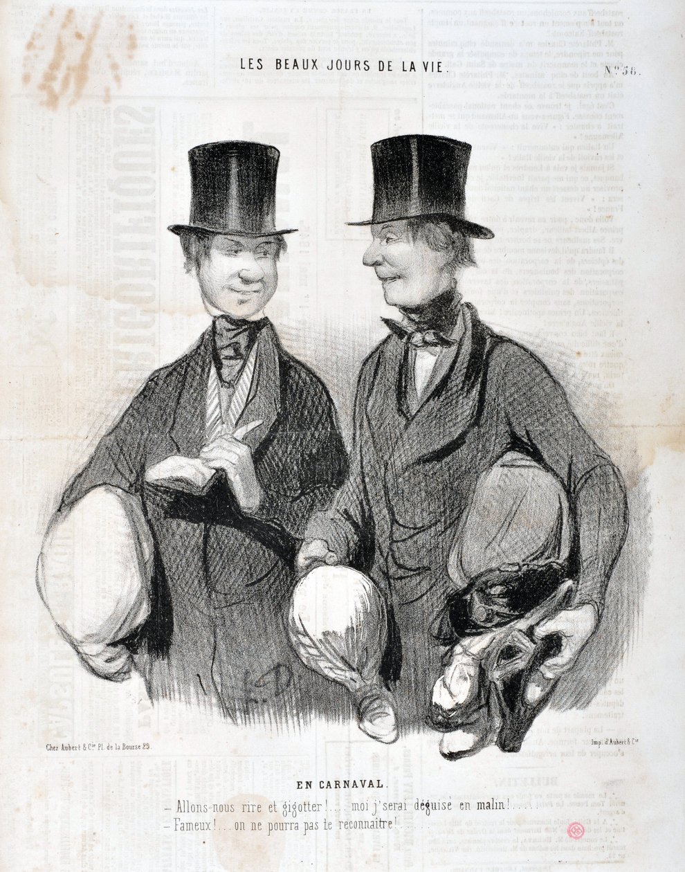 オノレ・ドーミエ（1808-1879）の作品。Charivariは1845年の作品。セリエ LES BEAUX DAYS DE LA VIE。カーニバルで「-笑ってギョッとしよう!頭の良さに失望するぞ!有名な！？私たちはあなたを認識できない..."マルセイユのロンシャン宮殿の美術館 作： オノレ・ドーミエ