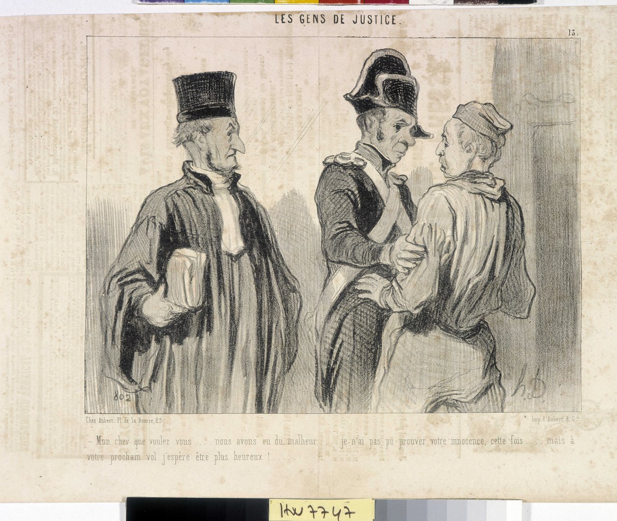 オノレ・ドーミエ（1808-1879）の作品。Charivariは1845年の作品。セリー LES PEANS DE JUSTICE。"何の用だ？""我々は不幸だった""今回は君の無実を証明できなかった今回はあなたの無実を証明することができませんでした...でも次のフライトではもっと幸せになりたいと思っています」との抜粋。 作： オノレ・ドーミエ