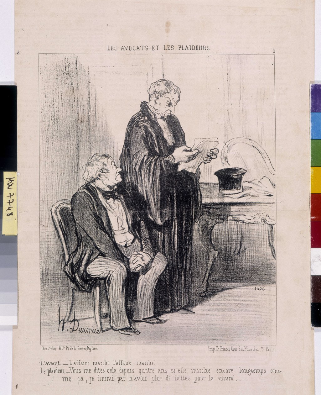 オノレ・ドーミエ（1808-1879）の作品。Charivariは1851年の作品。Serie LES Avocats et les litigants."弁護士-事件はうまくいく、事件はうまくいく!訴訟担当者......あなたは4年間も私にこのことを言っている......もし彼女がそんなに長く歩いているなら、私は結局、私の手を煩わせることになるだろう。 作： オノレ・ドーミエ
