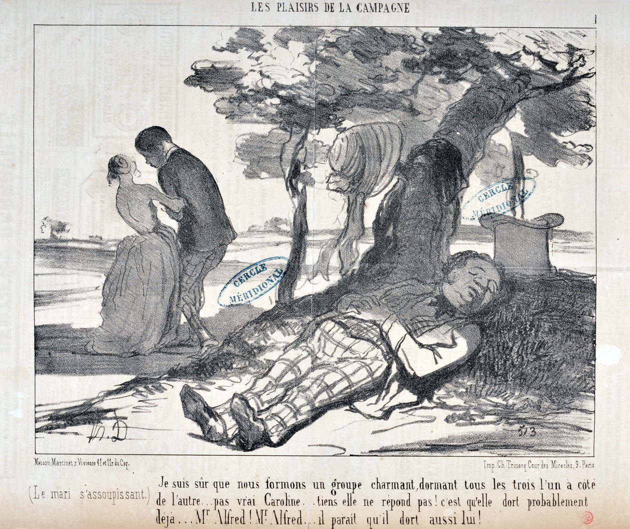 オノレ・ドーミエ（1808-1879）の芸術作品 Charivari dates from 1853: Serie LES PLAISIRS DE LA CAMPAGNE 「きっと魅力的なグループを形成するでしょう、3人とも1対1で...右のキャロライン...ここで彼女は反応しません！」。もうアスリ-トしているだろう 作： オノレ・ドーミエ