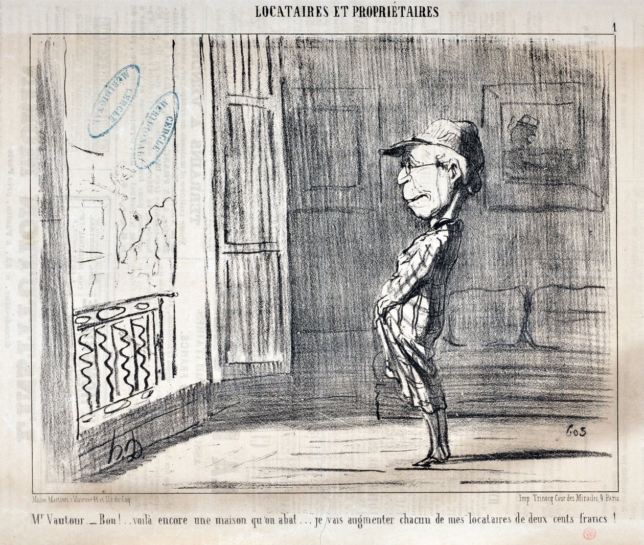 オノレ・ドーミエ（1808-1879）の作品 シャリヴァリは1854年の作品。Serie TENNIQUES ET OWNIRES "Mr Vautour - Bon!...これは別の家が撃ち落とされたものだ...。私は各借家人に200フランずつ増額します！」。ロンシャン宮殿の美術博物館 作： オノレ・ドーミエ