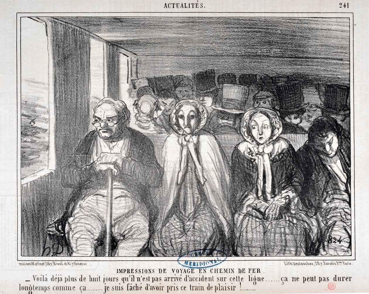オノレ・ドーミエ（1808-1879）のアートワーク Charivari は1855年のもの。Serie Actualites de voyage en railroad "-この路線で事故が起きなかったのは8日以上になる...このまま長くは続かないだろう...。この列車に乗ったことを後悔している 作： オノレ・ドーミエ