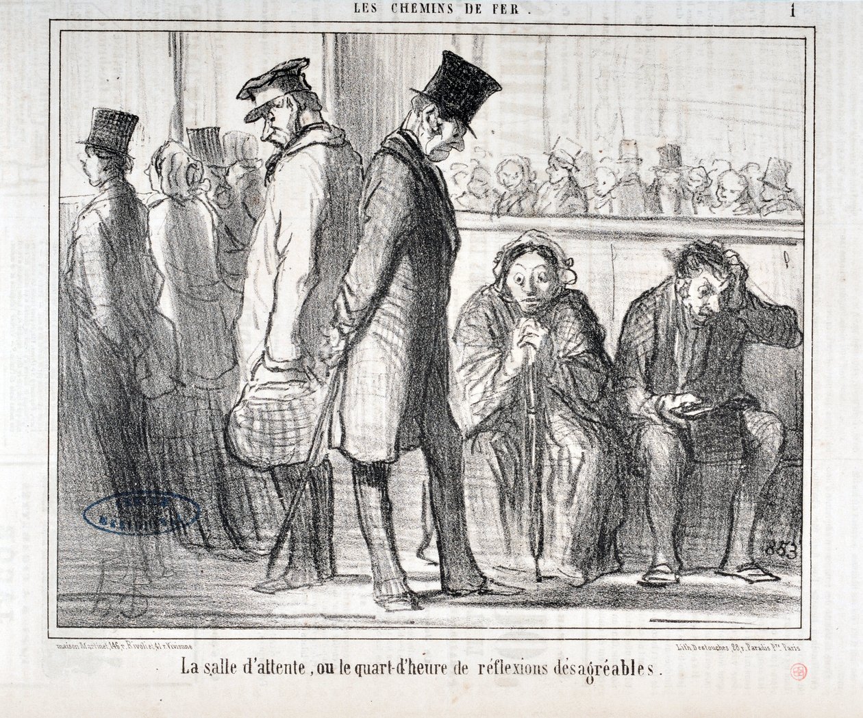 オノレ・ドーミエ（1808-1879）の作品。Charivariは1855年の作品。Serie LES Chemins de fer "The waiting room or the quarter hour of disagree reflexions" MUSEE DES BEAUX ARTS - PALAIS LONGCHAMP, MARSEILLE 作： オノレ・ドーミエ