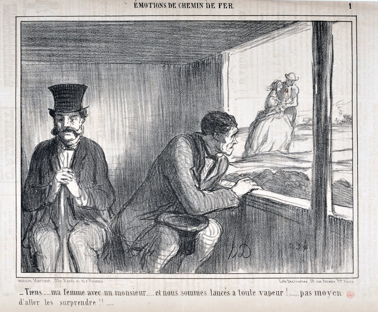 Honore Daumier (1808-1879) Charivari dates from 1858: Serie EMOTIONS EN Chemin de fer -" Tiens... ma femme avec un monsieur... et nous sommes lances a toute vapeur!!..no way to go surprise them!!.."美術館、ロンシャン宮殿、マーチ 作： オノレ・ドーミエ