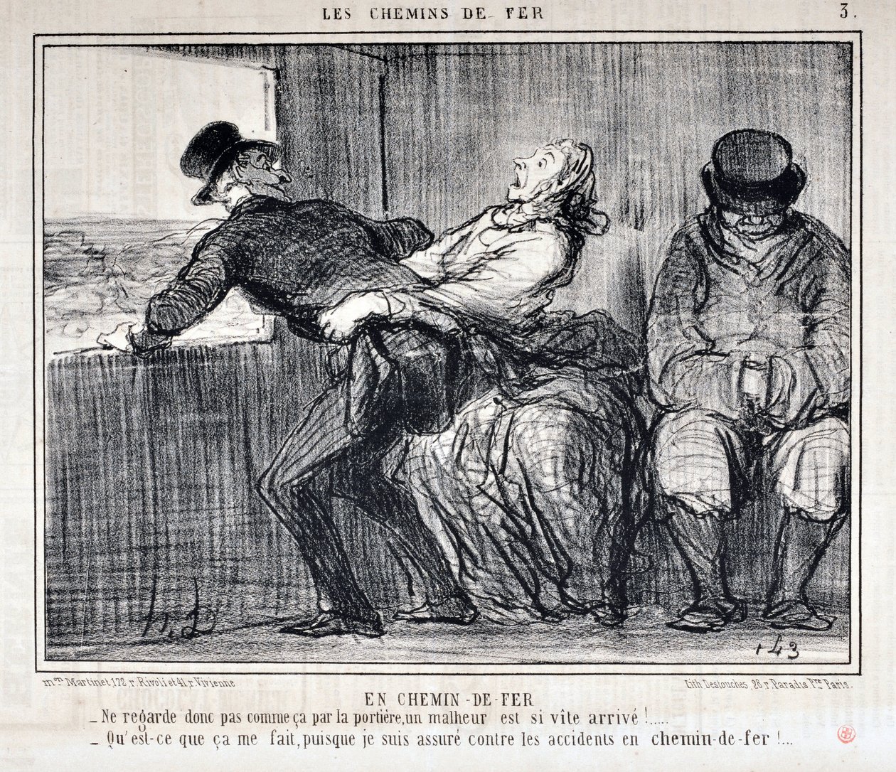 オノレ・ドーミエ（1808-1879）の作品。Charivariは1858年の作品。Serie LES RAILWAYS By Railroad 「-だから、ドア越しにそんな顔をしないでよ、不幸がすぐにやってくるんだから！...」。"私にはどうでもいいことだが、私は鉄道での事故に保険をかけているので 作： オノレ・ドーミエ
