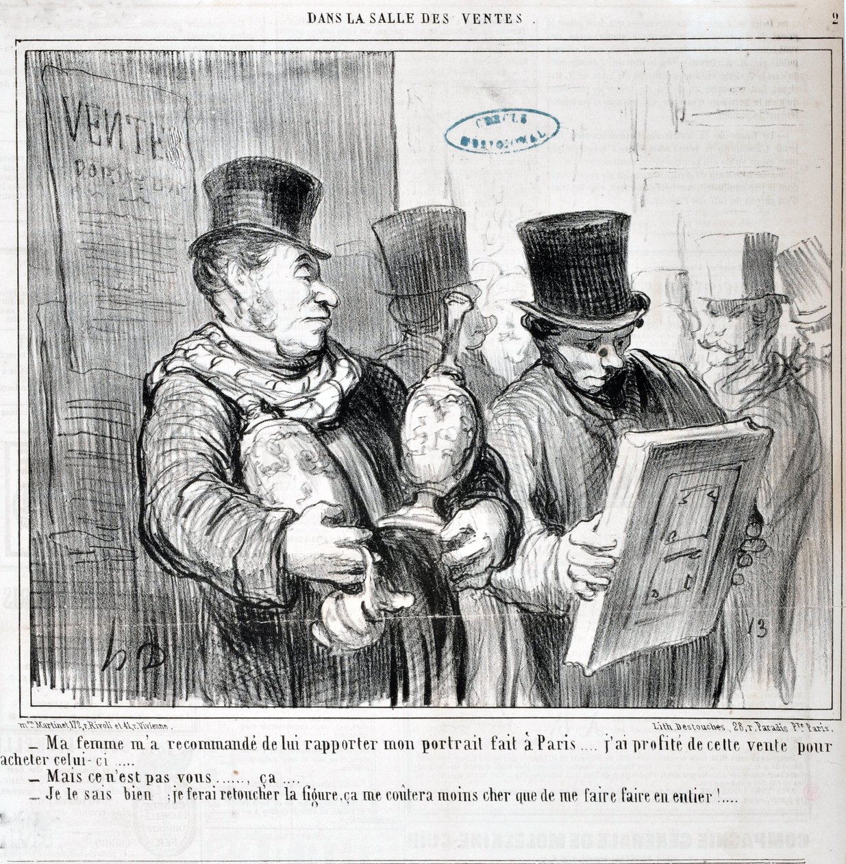 オノレ・ドーミエ（1808-1879）の作品。Charivariは1859年の作品。Serie IN THE SALE "・・・妻に勧められて、パリで作った肖像画を持ってきました・・・。私はこのセールを利用して、この作品を購入しました...。-でも、あなたじゃない...カ...。- 私はそれを知っている、私はそれを作る 作： オノレ・ドーミエ