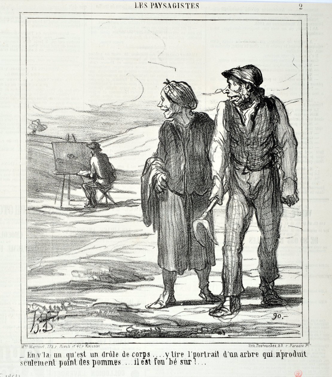 オノレ・ドーミエ（1808-1879）の作品。Charivariは1864年の作品。LES LANDSAGISTS "という作品で、おかしな体をしている...リンゴだけを作らない木の肖像を描いている...彼は夢中になっている！"ロンシャン宮殿の美術館 作： オノレ・ドーミエ