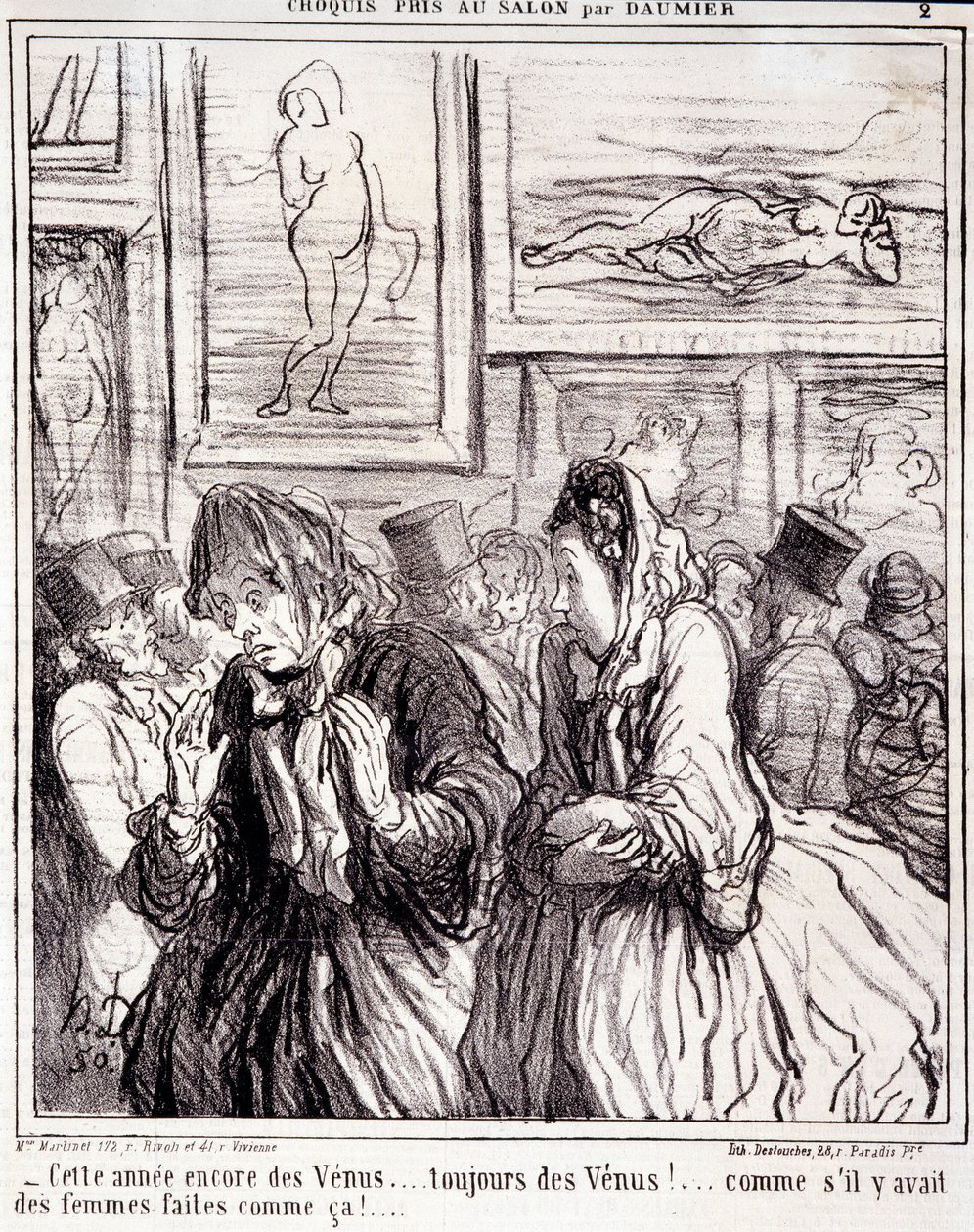 オノレ・ドーミエ（1808-1879）の作品。Charivari」は1865年の作品。サロンで撮影されたセリエのスケッチ「今年もヴィーナス...いつもヴィーナス！...あんな風に作られた女性がいるかのように！」。新聞「ル・シャリヴァリ」からの抜粋 薄さ：28x28cm。印刷物 作： オノレ・ドーミエ