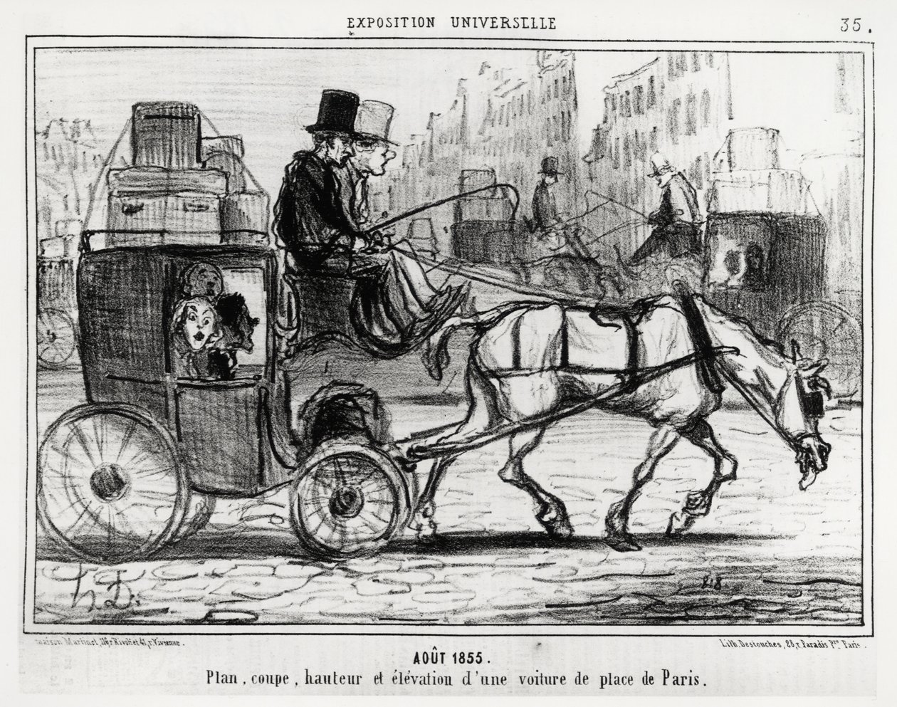 1855年8月、万国博覧会：パリの自動車の平面図、カット、高さ、立面図。オノレ・ドーミエ（1808-1879）が描いたイラストで、9月4日付のニュース「シャリヴァリ」に掲載されています。 作： オノレ・ドーミエ