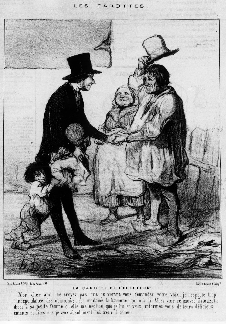 選挙の候補者が農民の家庭を訪問。"選挙のにんじん」-ドーミエの漫画、1844年3月21日の「シャリヴァリ」紙に掲載 作： オノレ・ドーミエ